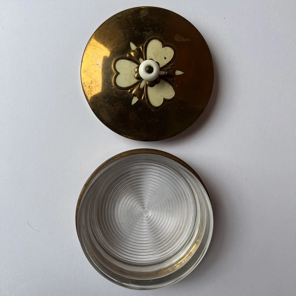 VTG Brass Powder Jar Heart Enamel Lid Glass Insert Vanity Trinket Box Glass Knob